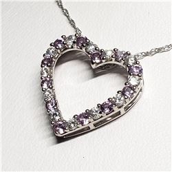 Silver Simulated Alexandrite Cubic Zirconia Heart Shaped Pendant With Chain Necklace (~length 18"cm)