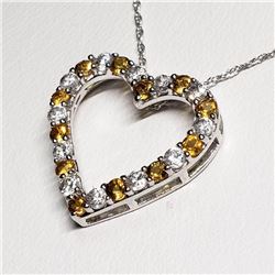 Silver Natural Citrine Cubic Zirconia Heart Shaped Pendant With Chain Necklace (~length 18"cm), Sugg