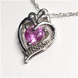 Silver Created Pink Sapphire Heart Shaped Pendant With Chain Necklace (~length 18 cm), Suggested Ret