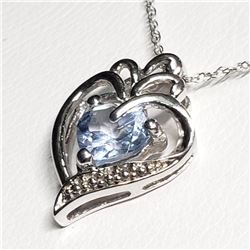 Silver Simulated Aquamarine Heart Shaped Pendant With Chain Necklace (~length 18"cm), Suggested Reta