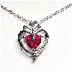 Silver Created Ruby Heart Shaped Pendant With Chain Necklace (~length 18"cm), Suggested Retail Value