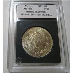 1938 Mexico Silver  One Peso in Slab