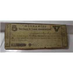 1864 Mechanics Bank $5 Currency Note