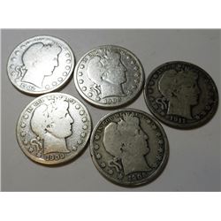 Lot of 5 Barber Half Dollars -