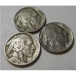 (3) Collectible Buffalo Nickels 1913 T1-37d-37d