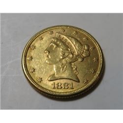 1881 P $5 Gold Liberty AU Grade