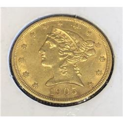 1905 S $5 Gold Liberty AU Grade