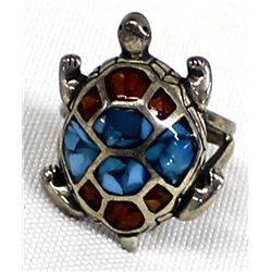 Navajo Old Pawn Sterling Chip Inlay Turtle Ring