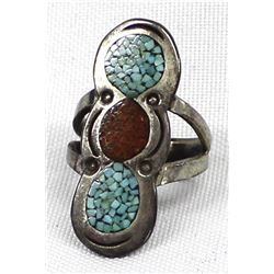 Navajo Old Pawn Sterling Chip Inlay Ring, Sz 7.75