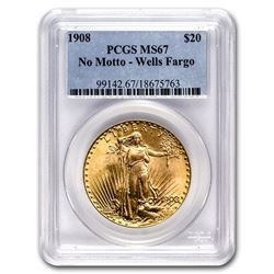 1908 $20 Saint-Gaudens Gold No Motto MS-67 PCGS (Wells Fargo)