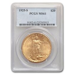 1925-S $20 Saint-Gaudens Gold Double Eagle MS-61 PCGS