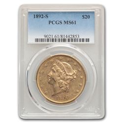 1892-S $20 Liberty Gold Double Eagle MS-61 PCGS