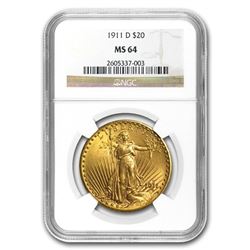1911-D $20 Saint-Gaudens Gold Double Eagle MS-64 NGC