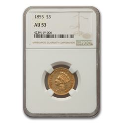1855 $3 Gold Princess AU-53 NGC