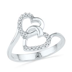 10kt White Gold Round Diamond Double Nested Heart Pendant 1/2 Cttw