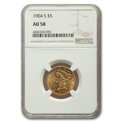 1904-S $5 Liberty Gold Half Eagle AU-58 NGC