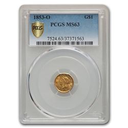 1853-O $1 Liberty Head Gold MS-63 PCGS