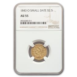 1843-O $2.50 Liberty Gold Quarter Eagle AU-55 NGC (Small Date)