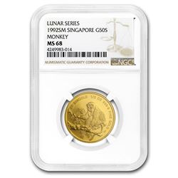 1992 Singapore 1/2 oz Gold 50 Singold Monkey MS-68 NGC