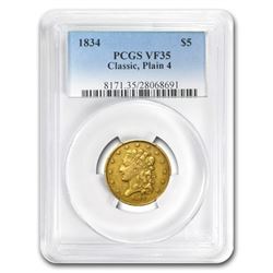 1834 $5 Gold Classic Head Half Eagle Plain 4 VF-35 PCGS