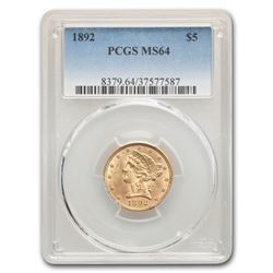 1892 $5 Liberty Gold Half Eagle MS-64 PCGS