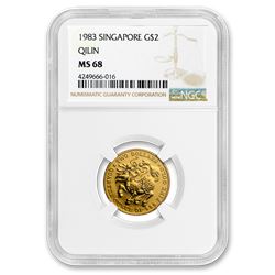 1983 Singapore 1/4 oz Gold $2 Qilin MS-68 NGC