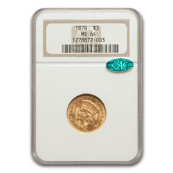 1878 $3 Gold Princess MS-64 NGC CAC