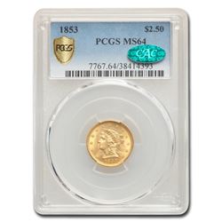 1853 $2.50 Liberty Gold Quarter Eagle MS-64 PCGS CAC