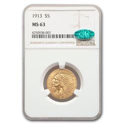 1913 $5 Indian Gold Half Eagle MS-63 NGC CAC