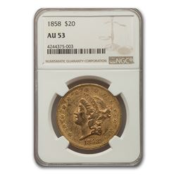 1858 $20 Liberty Gold Double Eagle AU-53 NGC