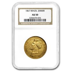 1867 Brazil Gold 20\,000 Reis Pedro II AU-50 NGC