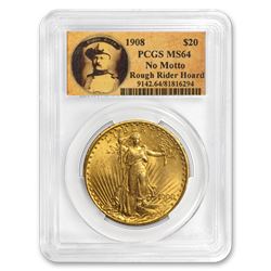 1908 $20 Saint-Gaudens Gold No Motto MS-64 PCGS (Rough Rider)