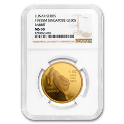 1987 Singapore 1 oz Gold 100 Singold Rabbit MS-68 NGC