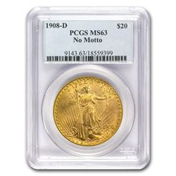 1908-D $20 Saint-Gaudens Gold No Motto MS-63 PCGS