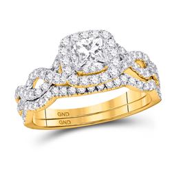 14kt Yellow Gold His & Hers Round Diamond Cluster Matching Bridal Wedding Ring Band Set 3/4 Cttw