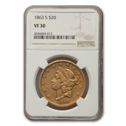 1863-S $20 Liberty Gold Double Eagle VF-30 NGC