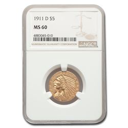 1911-D $5 Indian Gold Half Eagle MS-60 NGC