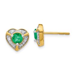 14k Yellow Gold .136ct Diamond & Emerald Heart Earrings - 9 mm