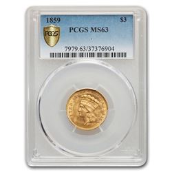 1859 $3 Gold Princess MS-63 PCGS