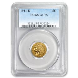 1911-D $5 Indian Gold Half Eagle AU-55 PCGS