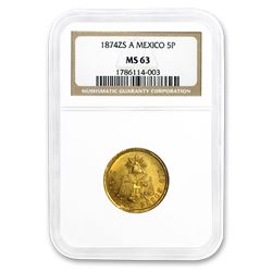 1874 Zs-A Mexico Gold 5 Pesos MS-63 NGC