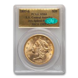 1857-S $20 Lib Gold SS Central America 20A MS-64 PCGS CAC