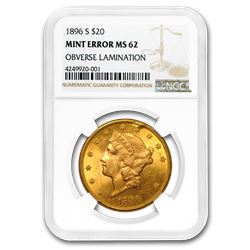 1896-S $20 Liberty Gold Dbl Eagle MS-62 NGC (Error\, Obv Lamin.)