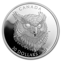 2018 Canada 2 oz Silver $30 Zentangle Art: The Great Horned Owl