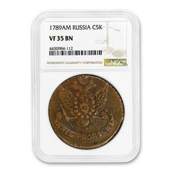 1763-1796 Russia Copper 5 Kopek Catherine the Great VF-35 NGC