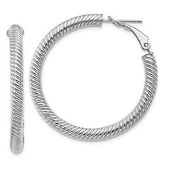 14k White Gold Twisted Round Omega Back Hoop Earrings - 30 mm