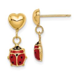 14k Heart & Enameled Ladybug Dangle Post Earrings - 49 mm