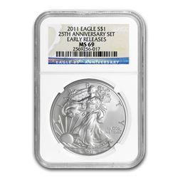2011 Silver American Eagle MS-69 NGC (25th Anniv\, Blue Label)