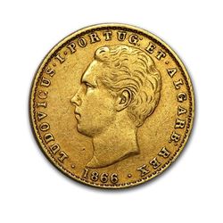1864-1866 Portugal Gold 2000 Reis King Luiz I Avg Circ
