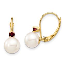 14k Yellow Gold White Pearl Garnet Leverback Earrings - 7-7.5 mm